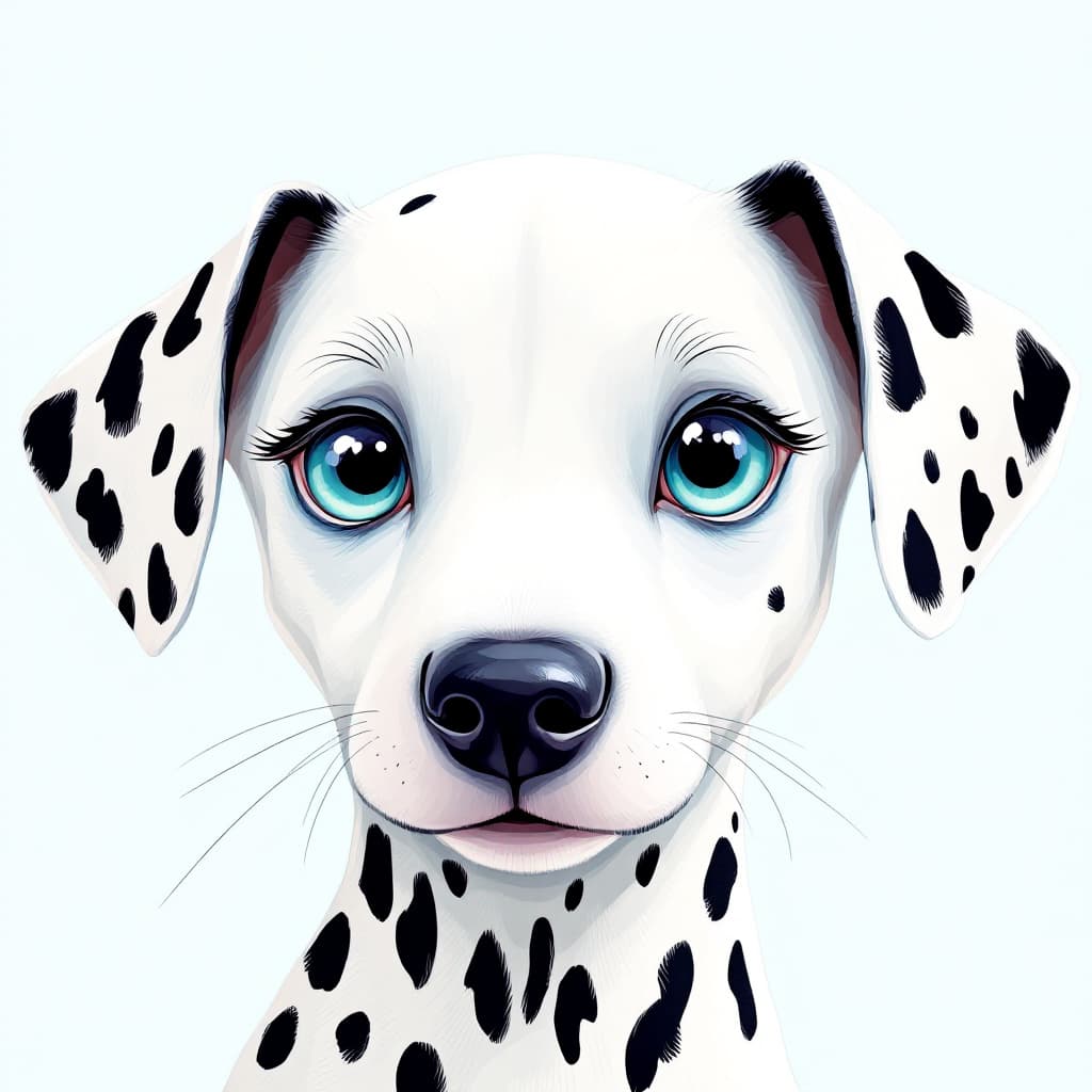 AI generated: illustration, dollish dalmatian dog face, emerald light cyan eye, simplify, expressive eyes and a pl...