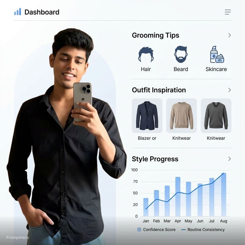 AI generated: suggestions)
Grooming & style tips (hair, beard, 
skincare, outfits)
Style:
Minimal, premium UI
Blue...