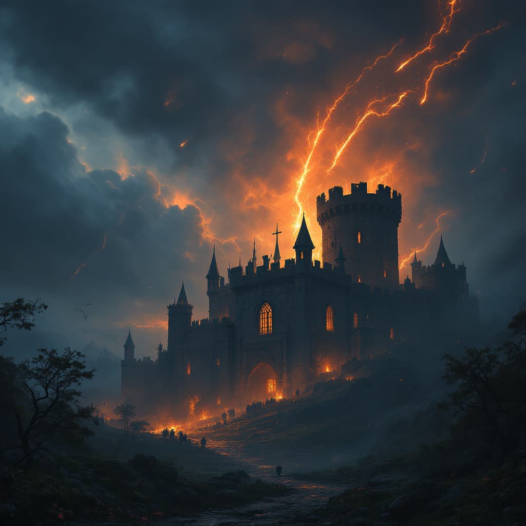AI generated: "A moody gothic-style castle siege at twilight, dramatic storm clouds above and flaming arrows arcin...