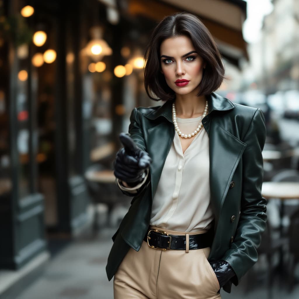 AI generated: 46 year old elegant, angry, squinting, confident caucasian lady with dark hair in a bob cut, blue ey...