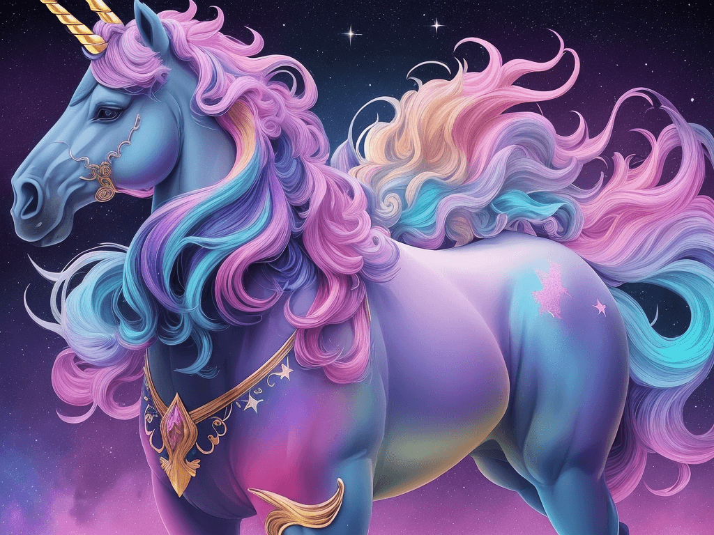 AI generated: a majestic unicorn set against a vibrant, cosmic backdrop. The unicorn's body is a deep, dark blue h...