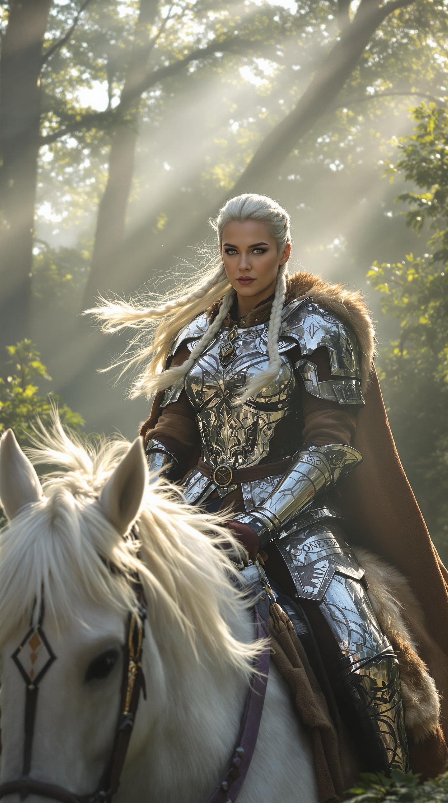 AI generated: Viking warrior woman riding horse through misty forest, flowing platinum braids catching wind, weari...