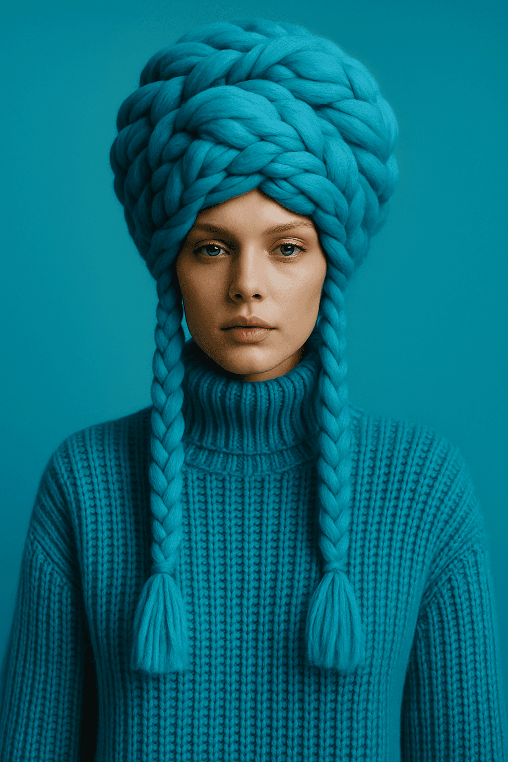 AI generated: A high-fashion portrait photograph against a solid turquoise blue background. The subject wears an o...