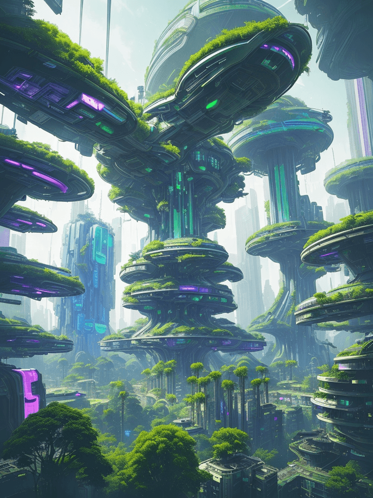 AI generated: a view of a city with a lot of trees and bushes, garden, a lot of flying objects , future city, in f...