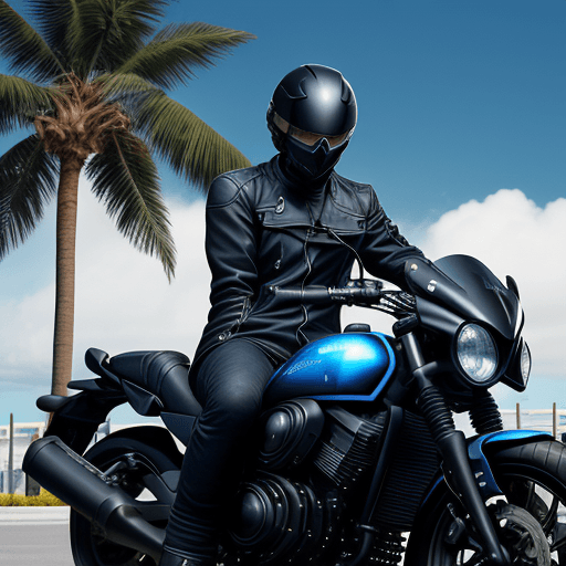 AI generated: an adventurous biker with crossed arms, long-sleeved jacket, torso slightly tilted to the right, wit...