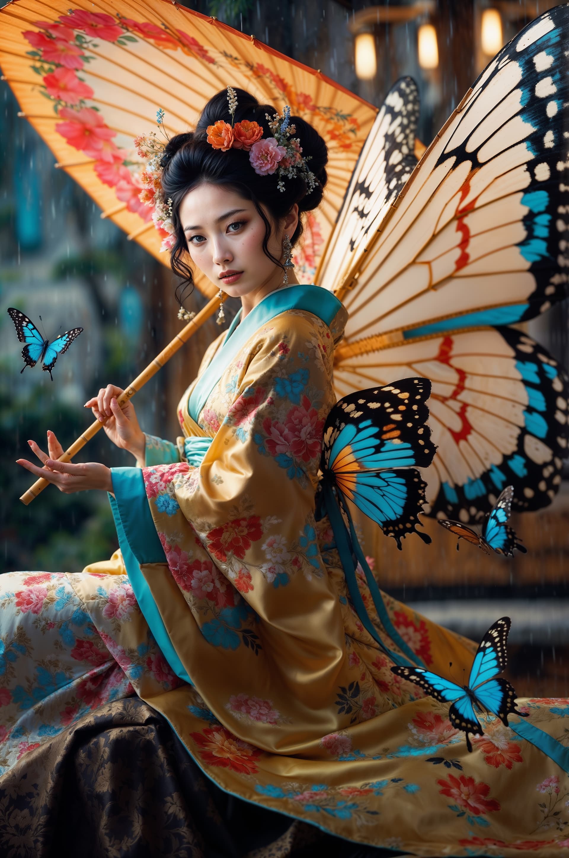 AI generated: A stunningly elegant Japanese woman enchanting beauty and grace in a elegant dress adorned with vibr...