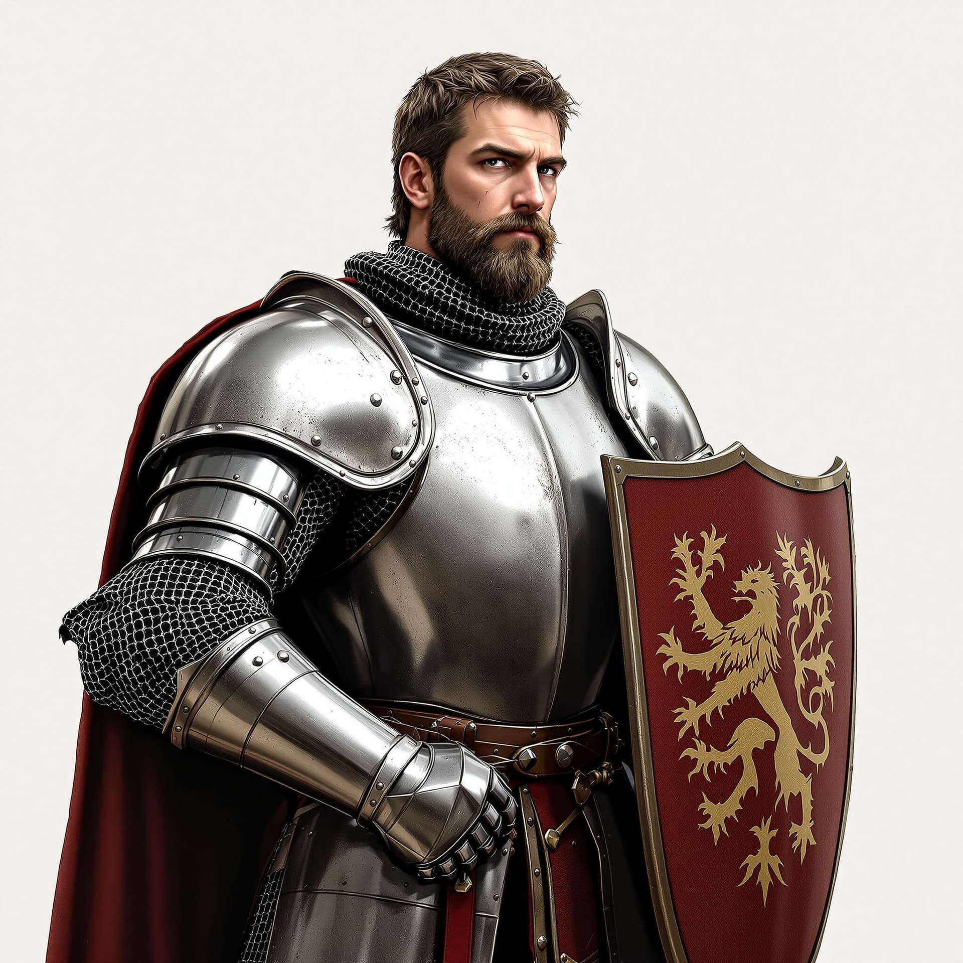 AI generated: a medieval knight in full plate armour, on foot, holding a shield with his coat of arms in one arm, ...