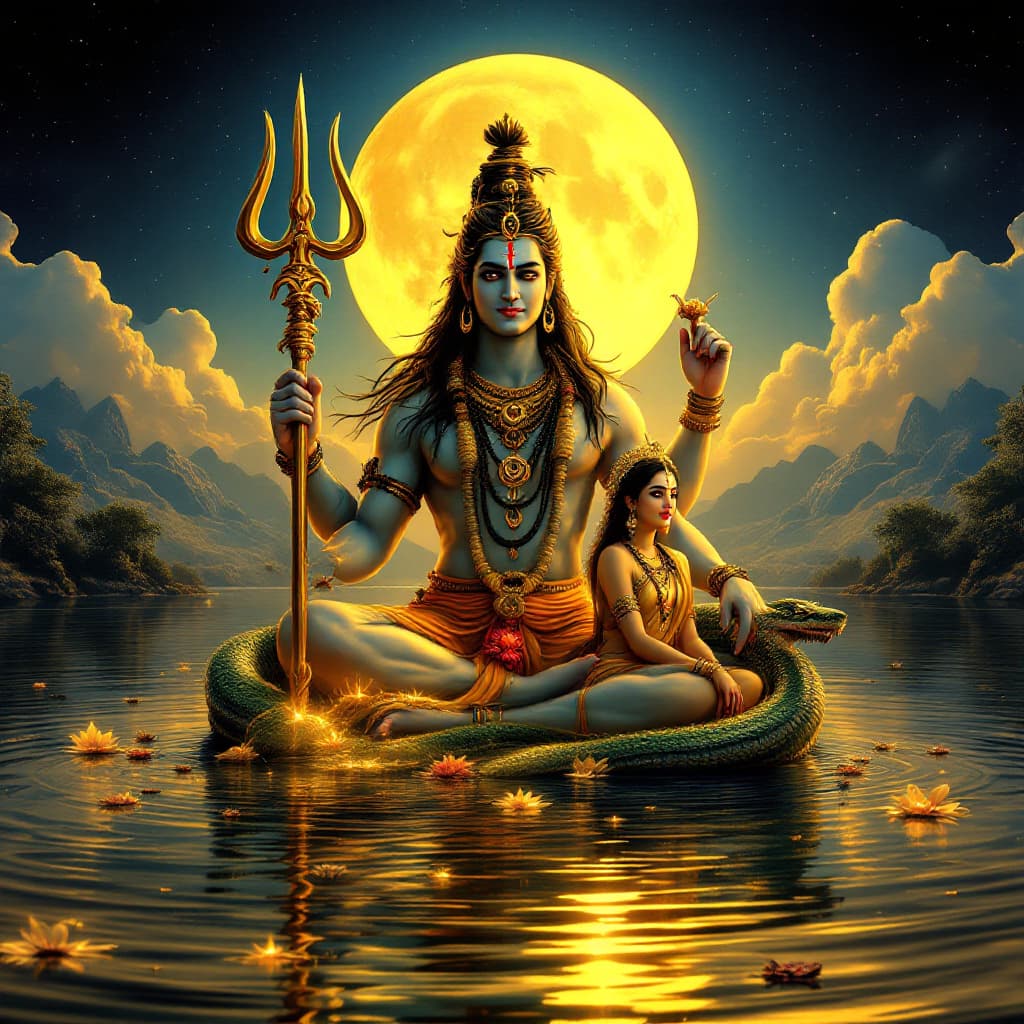 AI generated: beautiful golden image of Lord shiva with his snake and trident and mata parvati sitting in water wi...