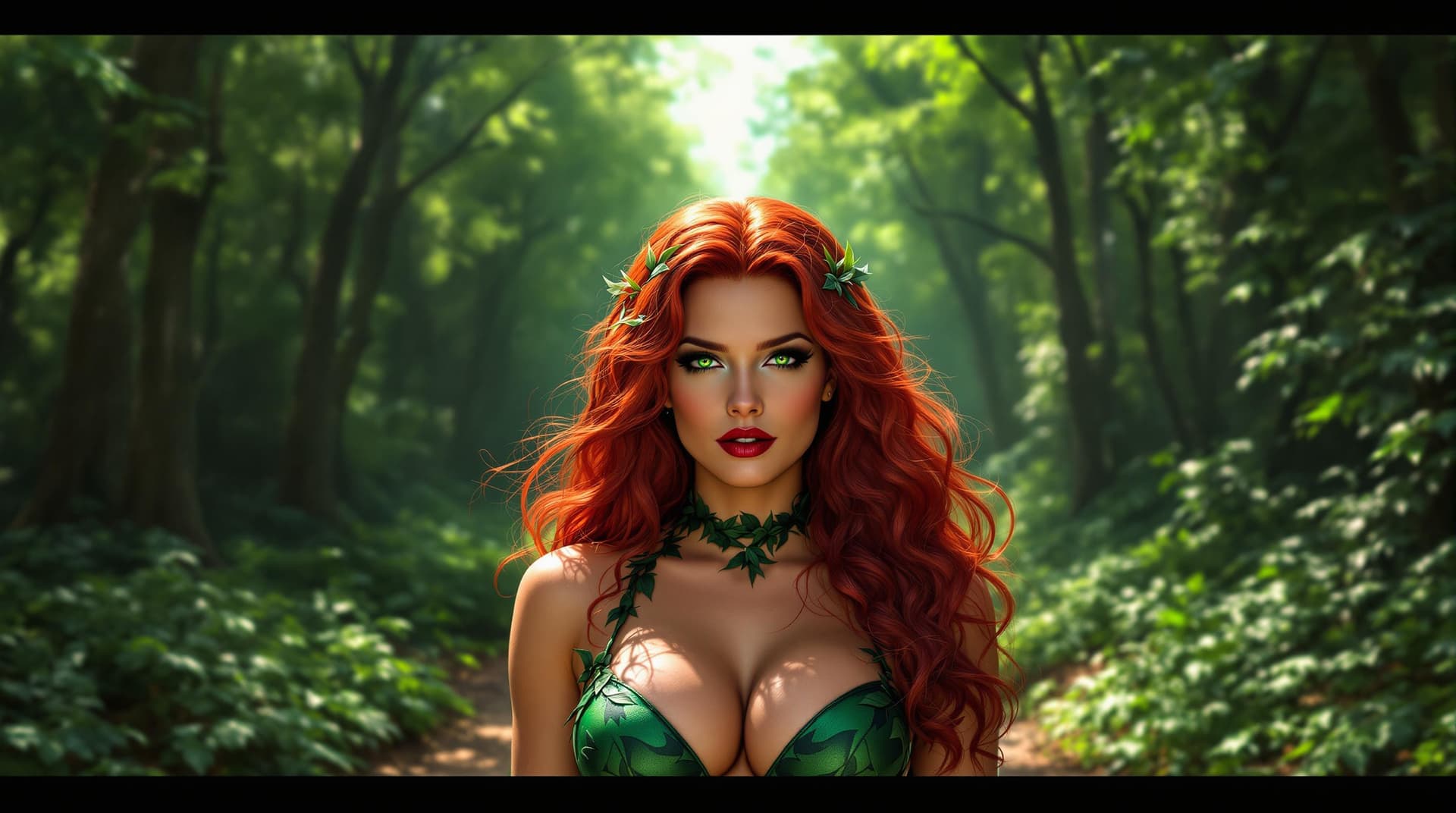 AI generated: This wide-angle digital illustration of a woman dressed as Poison Ivy showcases her striking feature...