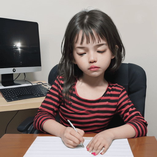 AI generated: little girl in red and black top asleep leaning against desk in front of laptop computer, 1girl, sol...