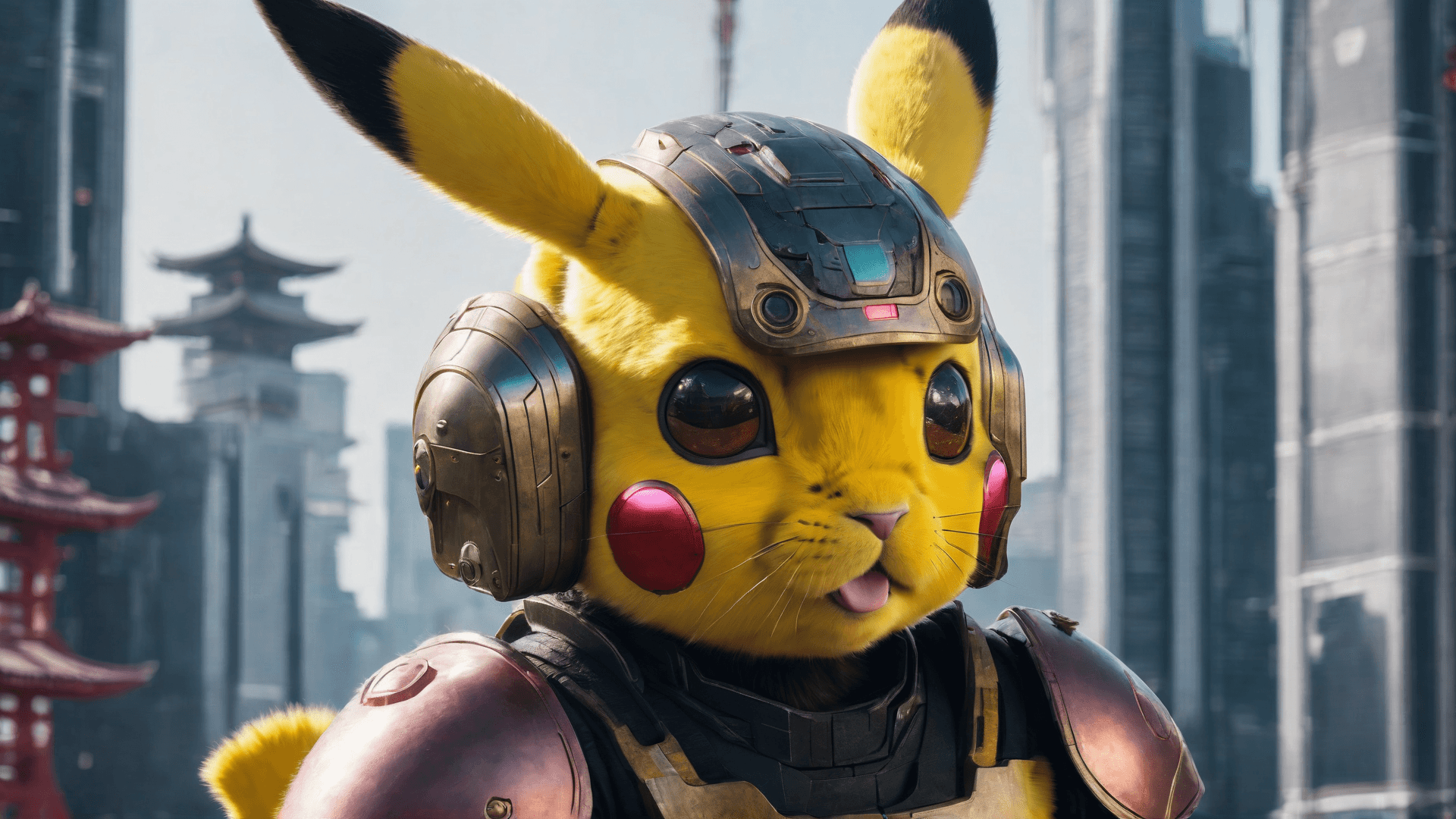 AI generated: Picachu in Japanese armor against the backdrop of Japanese towers, portrait, cyberpunk mandalorian, ...