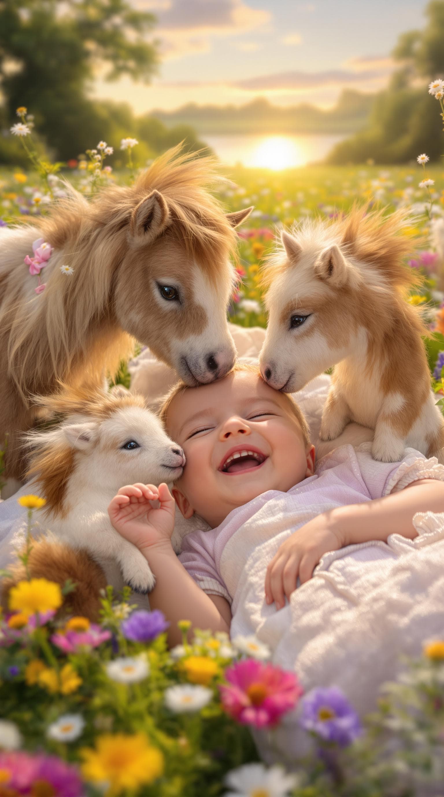 AI generated: A hyper-realistic image of an adorable chubby baby lying on a soft, grassy meadow, surrounded by a g...