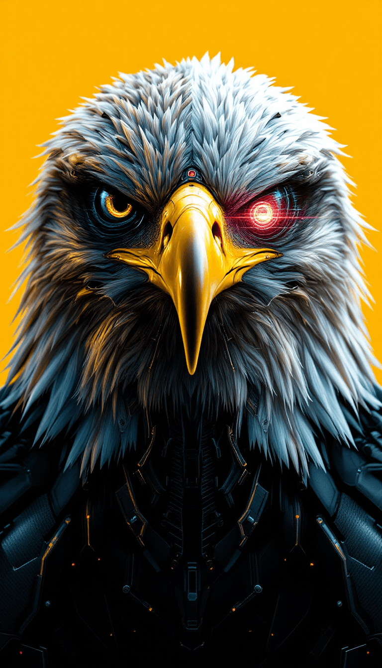 AI generated: "A hyper-realistic, front-facing portrait of a half-eagle, half-cybernetic creature set against a bo...
