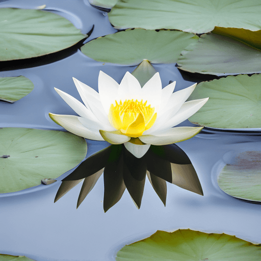 AI generated: /imagine prompt: A serene white lotus floating peacefully on a tranquil pond, purity, tranquility, e...