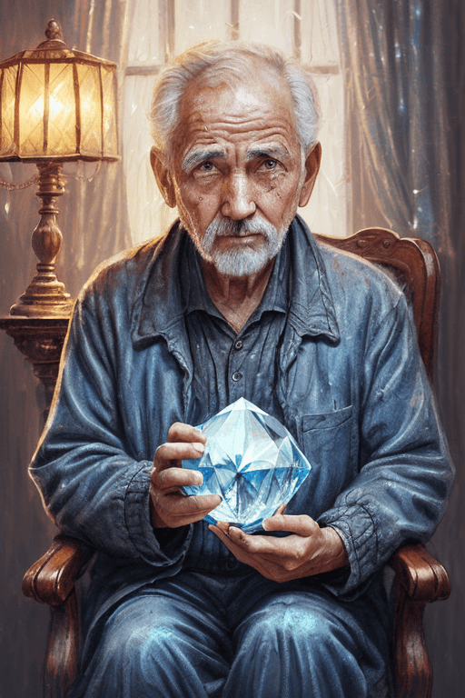AI generated: a (([crying | very depressed])) poor old man on a chair, holding a ((big glowing diamond (in his han...
