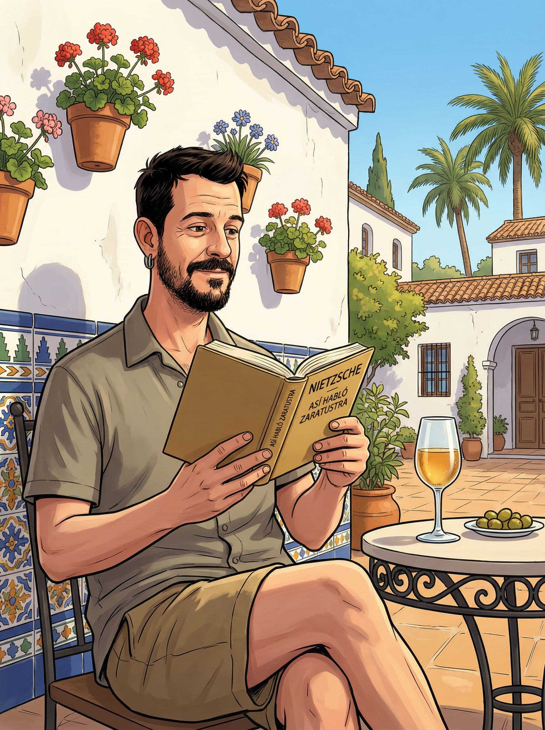 AI generated: Quiero que me pongas al tipo de referencia Leyendo a Nietzsche en andaluz. Realistic Cartoon Style