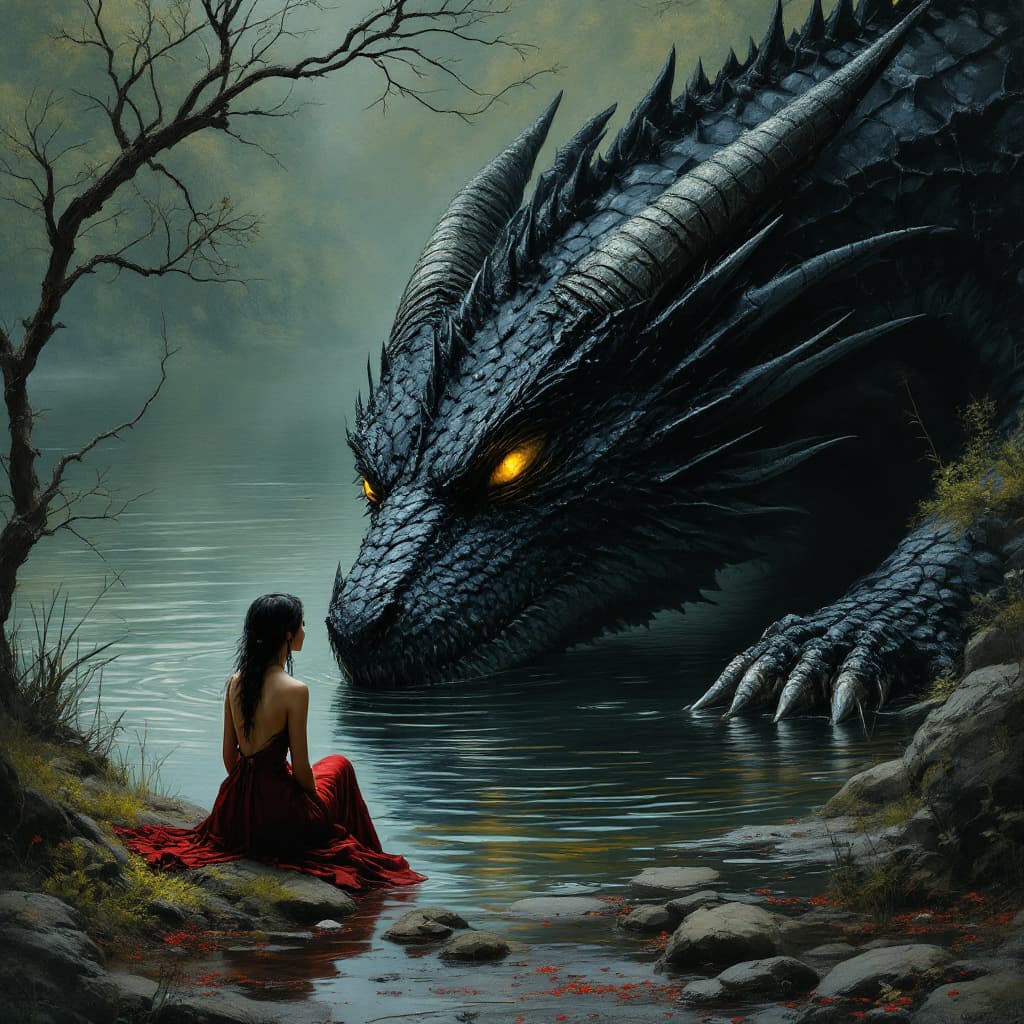 AI generated: A black dragon with yellow eyes half closed, sharp scales, spikes, and horns, peacefully lying next ...