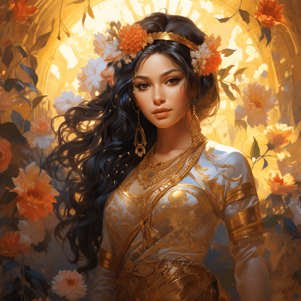 AI generated: Radha, the hindu goddess of love and devotion, standing in a blooming flower garden, bathed in soft ...