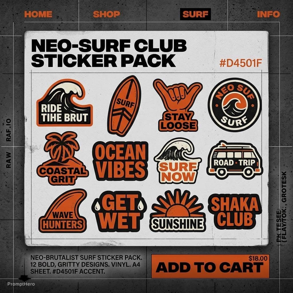 AI generated: Neo brutalist surf-themed sticker pack for in a neo-brutalist website. accent color: #D4501F