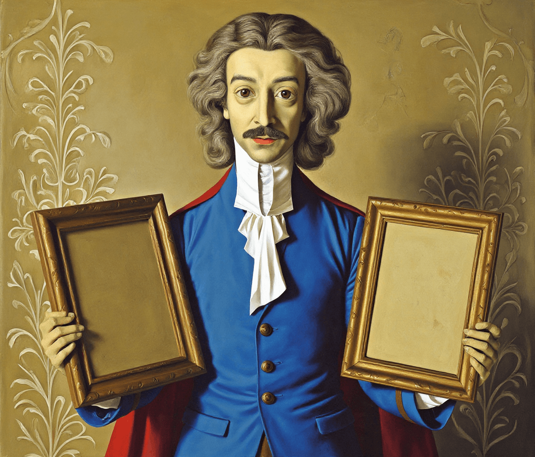 AI generated: a portrait picture of only the man holding two empty artwork frames out either hand. retain defining...