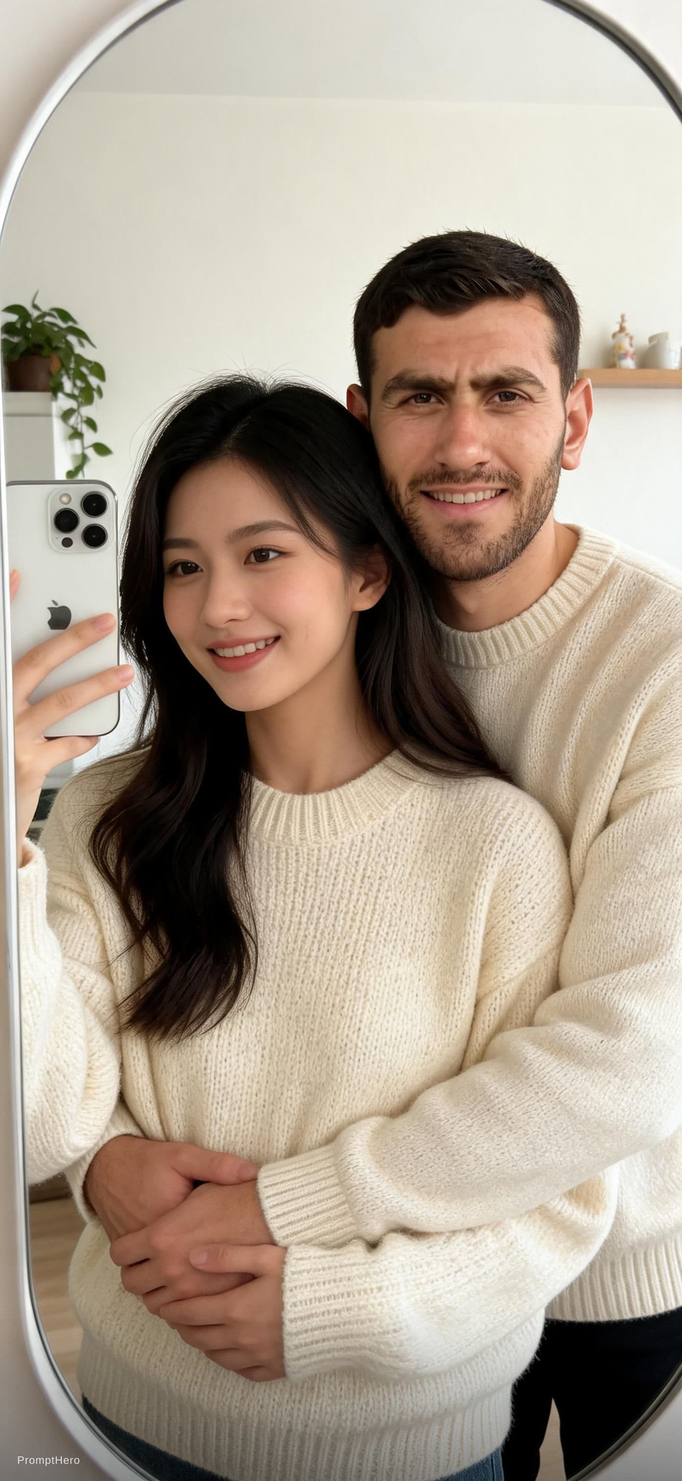 AI generated: A happy young couple standing indoors, taking a mirror selfie together. Both are wearing matching cr...
