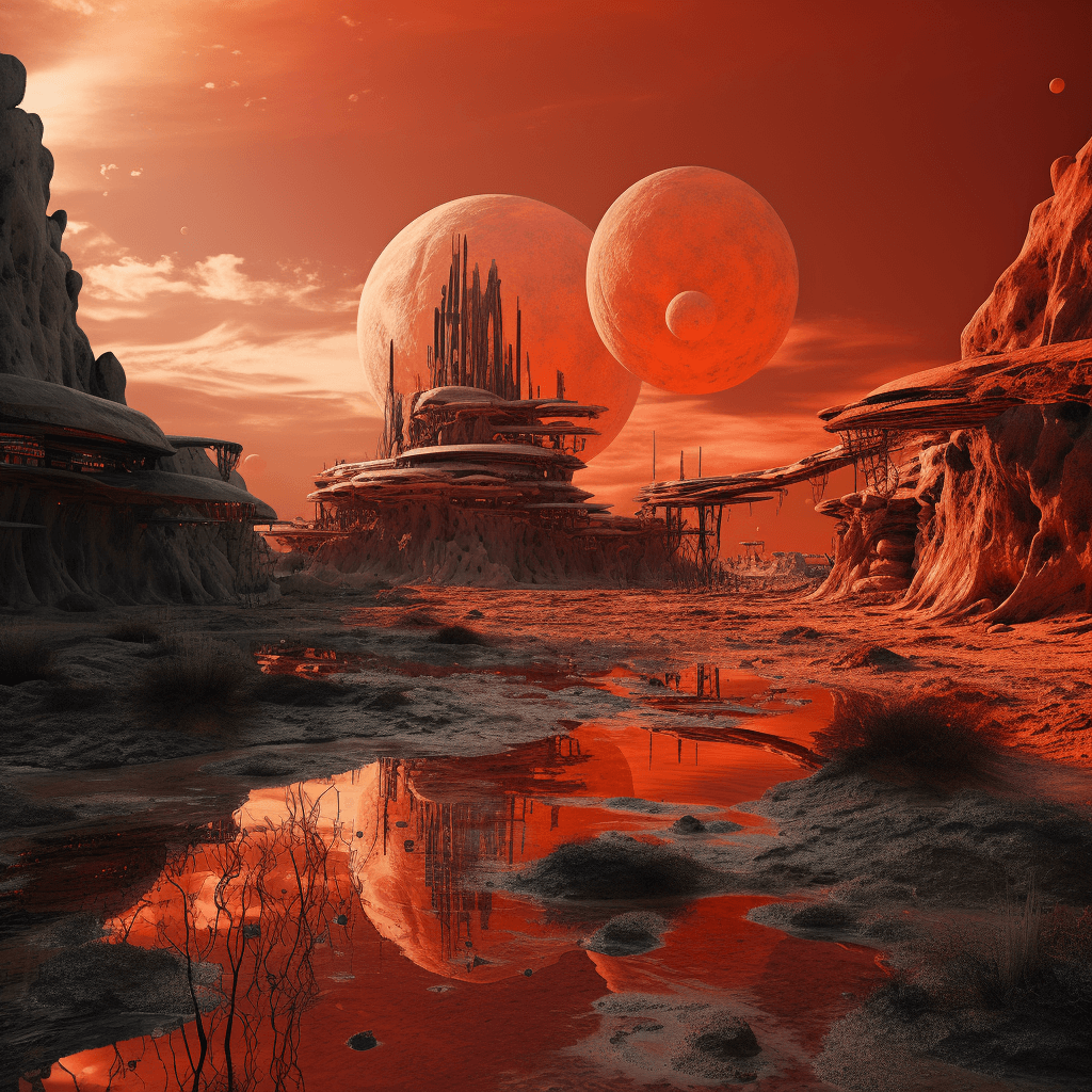 AI generated: one small dome shaped object is in the water, in the style of science fiction art, tonalist color sc...