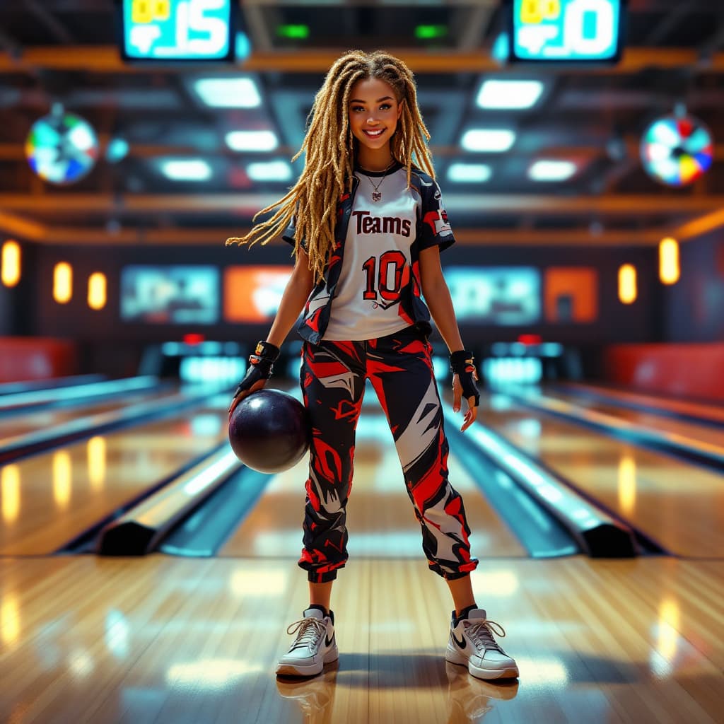 AI generated: girl, happy, beautiful medium blonde hair, dreadlocks, best girl hair, bowling, girl is standing, 10...