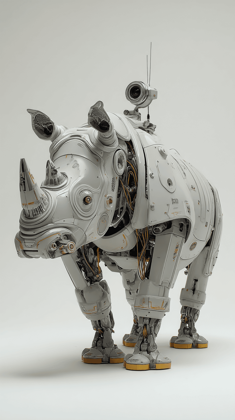 AI generated: A gray robotic rhino with [intricate mechanical joints], standing on four legs, arms folded inward, ...