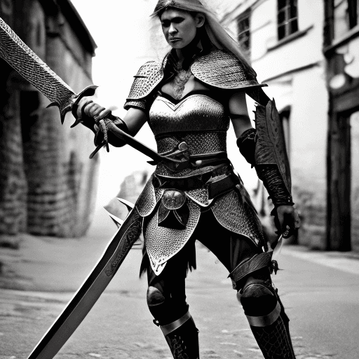 AI generated: Elf, warrior woman in chainmail armor wielding a sword. She is a fierce warrior on the battlefield, ...