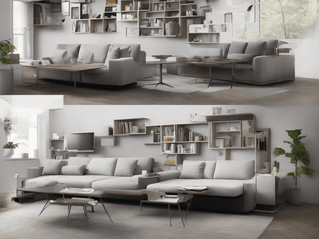 AI generated: A compact interior featuring multifunctional furniture such as a sofa bed and an extendable dining t...