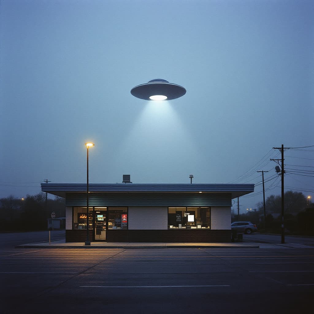 AI generated: Fujifilm film still, photograph of a UFO, hovering over a Adult store, new horizon, shake unfocused,...