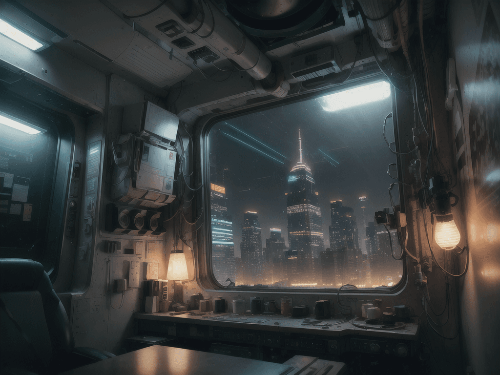 AI generated: looking out through the window of a spaceship, flying through a futuristic neon-lit dystopian cyberp...
