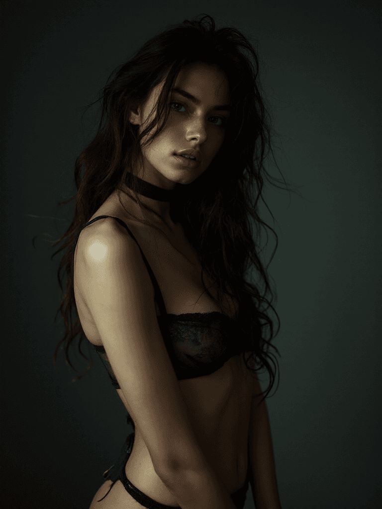 AI generated: 18year old (woman:1.1) with (dark:1.2) wavy hair is totally in a completely (dark:1.1) open room wit...