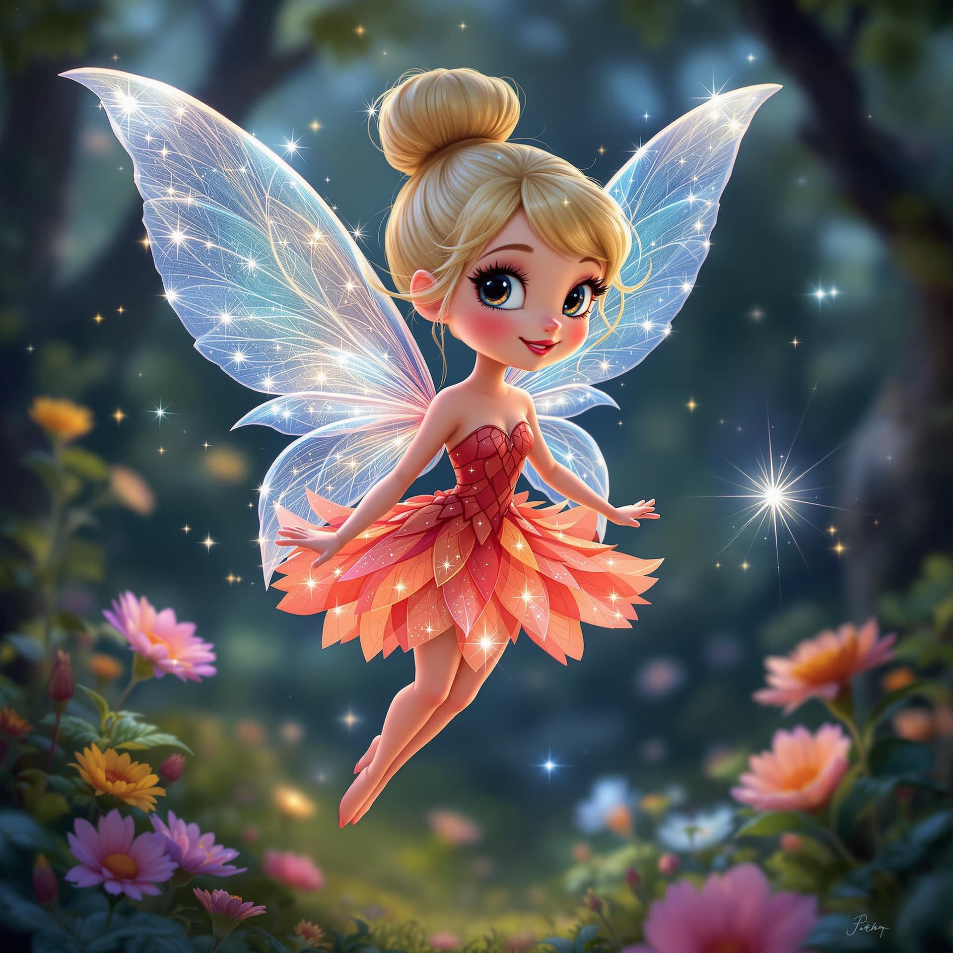 AI generated: Design a charming, tiny fairy with glowing, translucent wings, wearing a vibrant red petal-inspired ...
