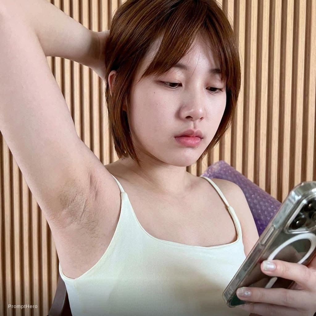 AI generated: She shows her armpit closeup and her face shown