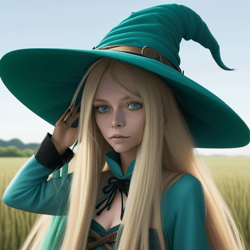 AI generated:  blonde hair with blue tips, long hair, blue eyes, witch hat, hair between eyes, in a plains field, ...