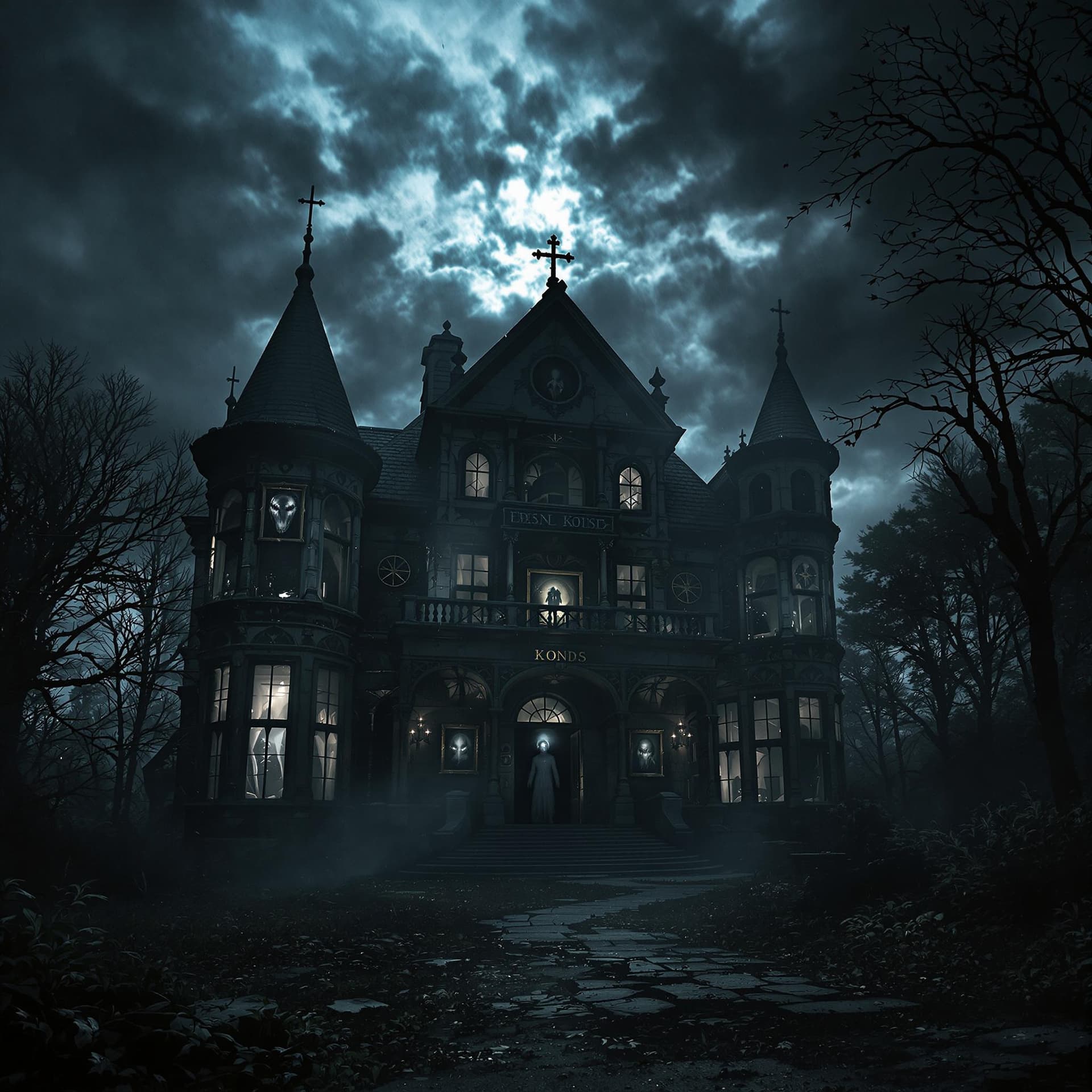 AI generated: A chilling, hyper-realistic scene of a haunted, decaying mansion under a stormy sky. The dimly lit i...