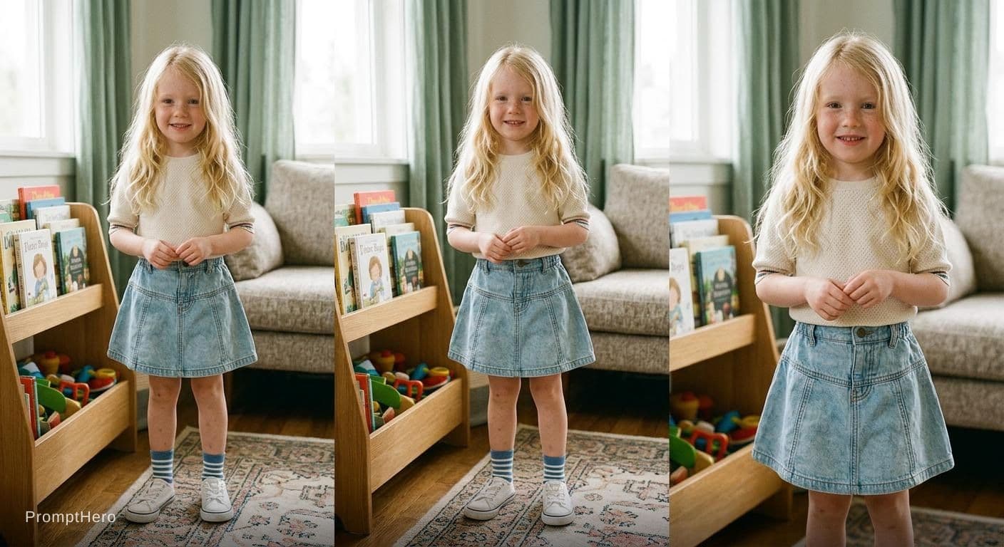 AI generated: young girl child, tight jean skirt, long blonde hair, freckles, cute little girl, standing, 