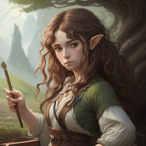 AI generated: A fantasy Anime style painting of female hobbit art character with curly brown messy hair, serious f...
