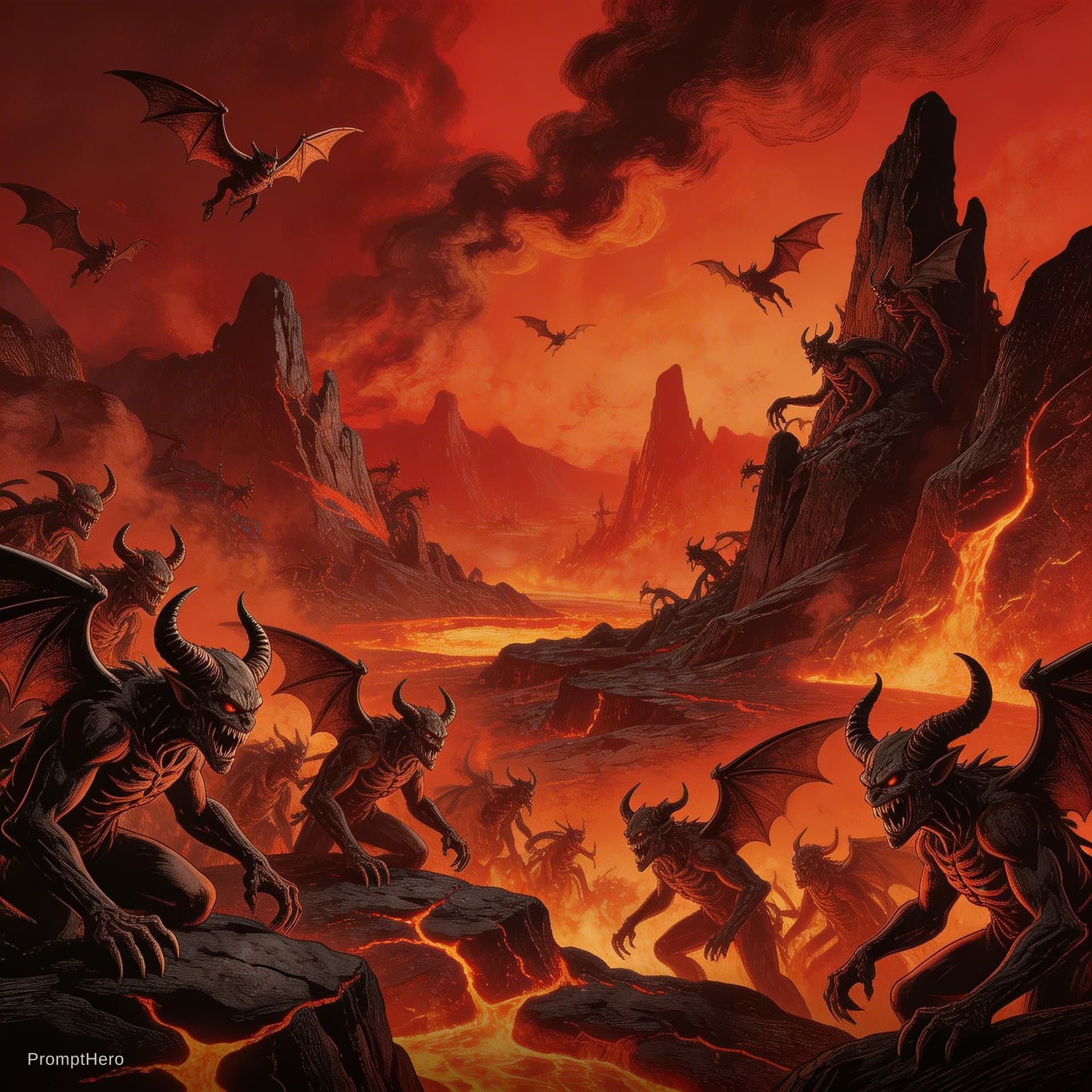 AI generated: Many demons in Hell, red atmosphere, in the style of Gustave Doré and Alex Ross --ar 51:64 --v 5.2