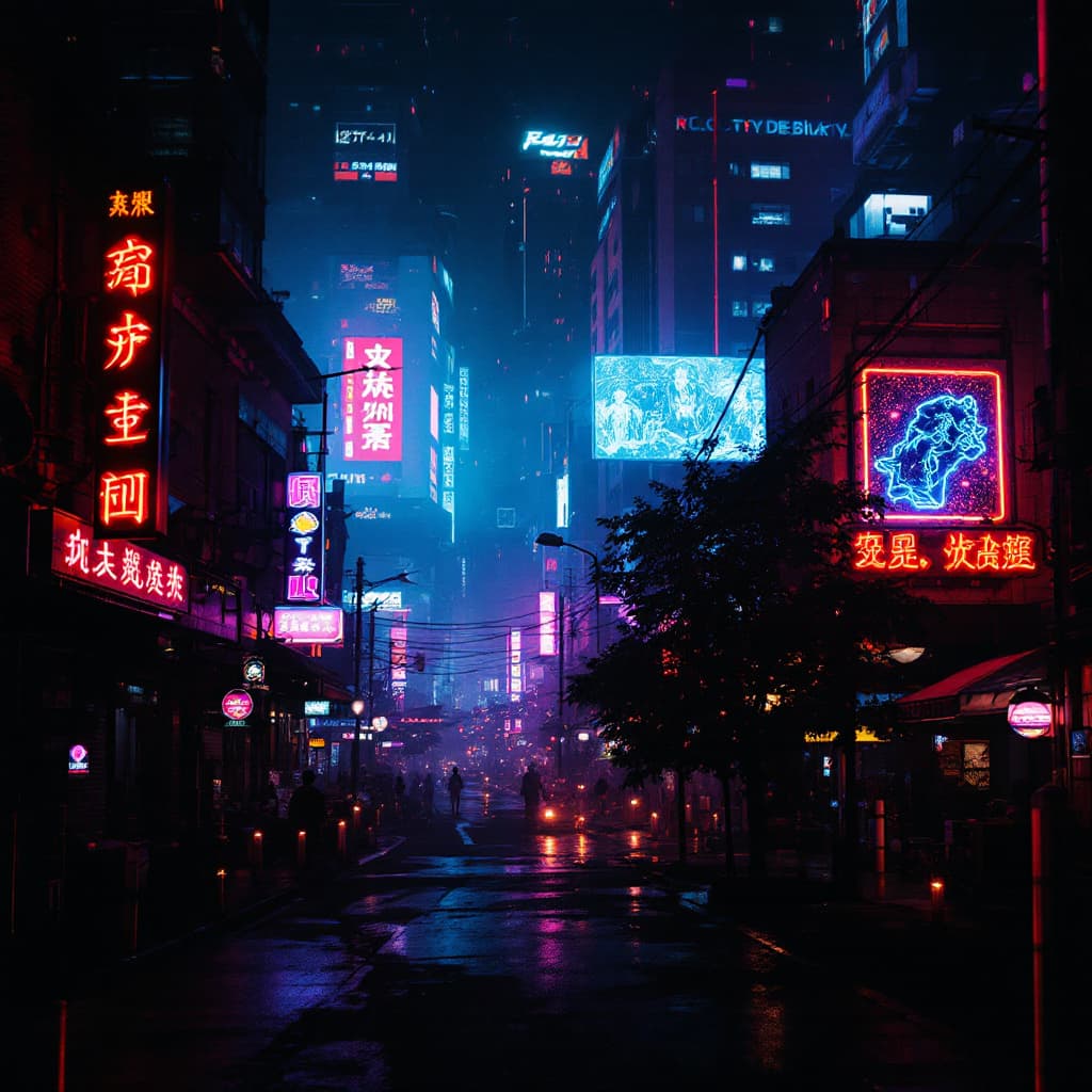 AI generated: Candlelight, neon lights and holograms on buildings, cyberpunk aesthetic, dark color grading, digita...