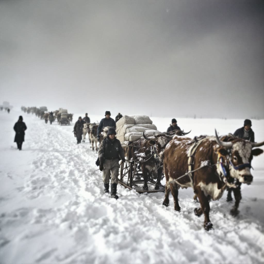 AI generated: 21.	"Norwegian immigrants arriving in Minnesota during a blizzard, ox-drawn sleds carrying their hou...