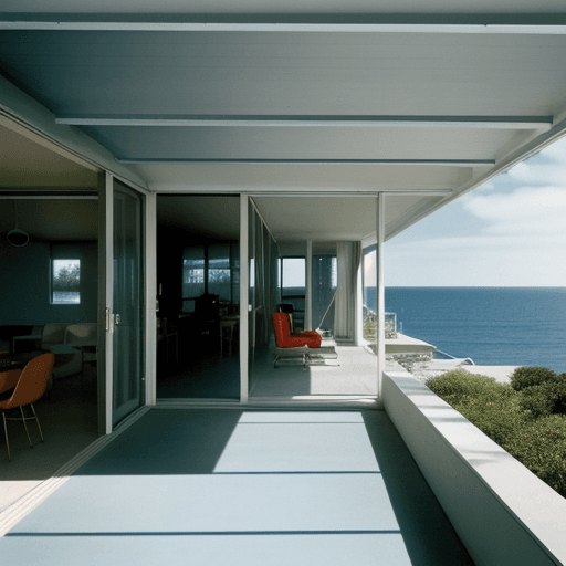 AI generated: Hyper realistic eye level exterior photo of a mid century modern style house overlooking the ocean, ...