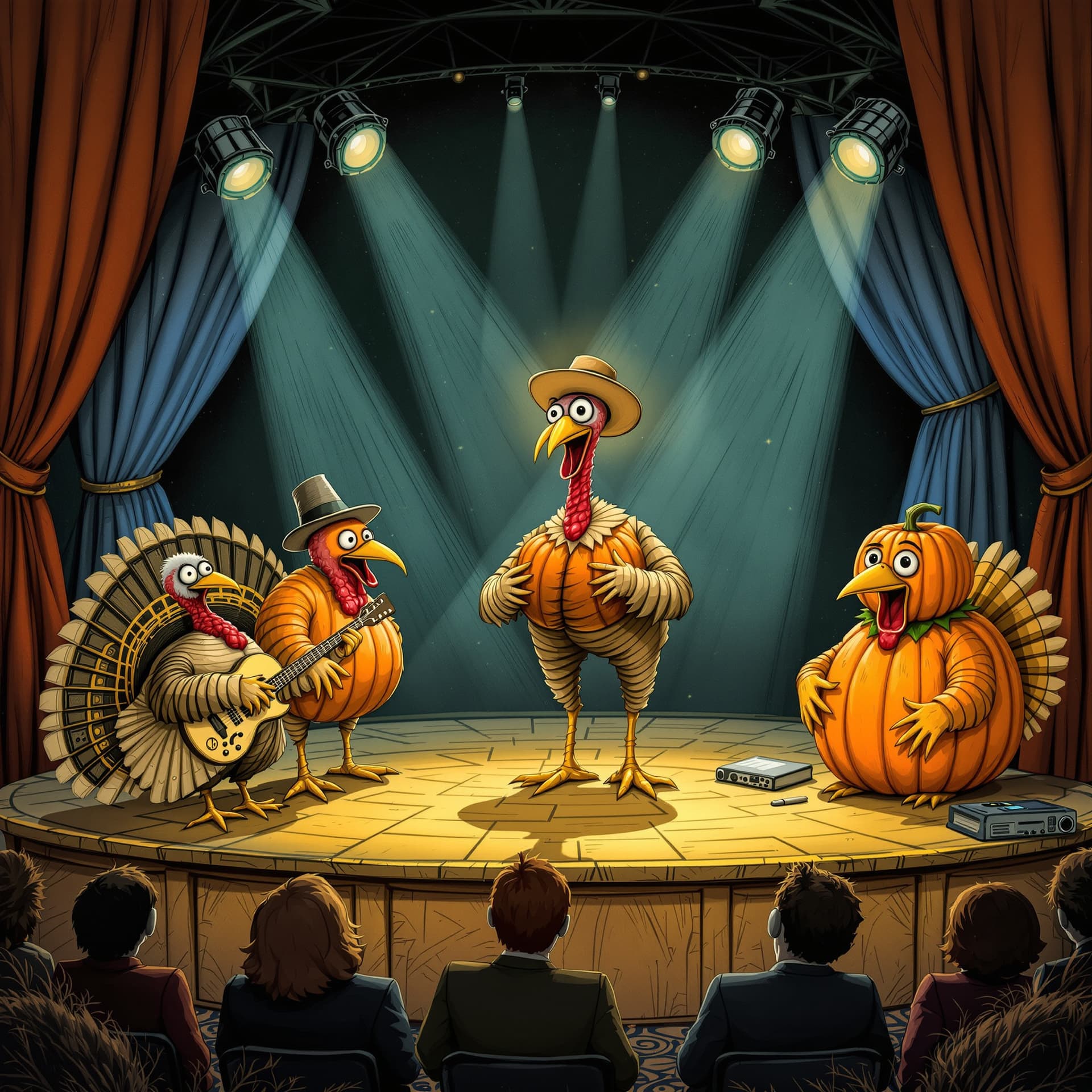 AI generated: A whimsical stage show where turkeys playing the blues, judged by pumpkins wearing monocles
