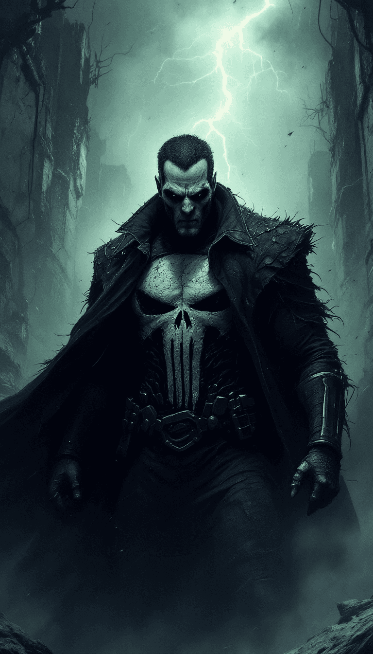 AI generated: dystopian style The evil grotesque Punisher. bleak, post-apocalyptic, somber, dramatic, highly detai...