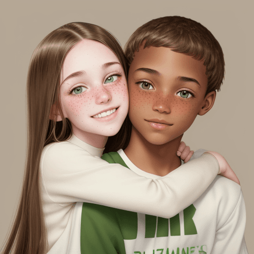 AI generated: Photo of a whiteskin girl with straight brown long hair, green eyes and no freckles with braces hugg...
