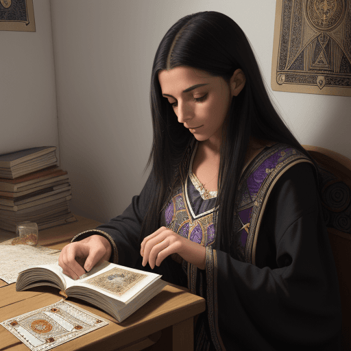 AI generated: una foto realista, de una chica de 20 años, cabello negro, usando ropa mistica de gitana, leyendo la...
