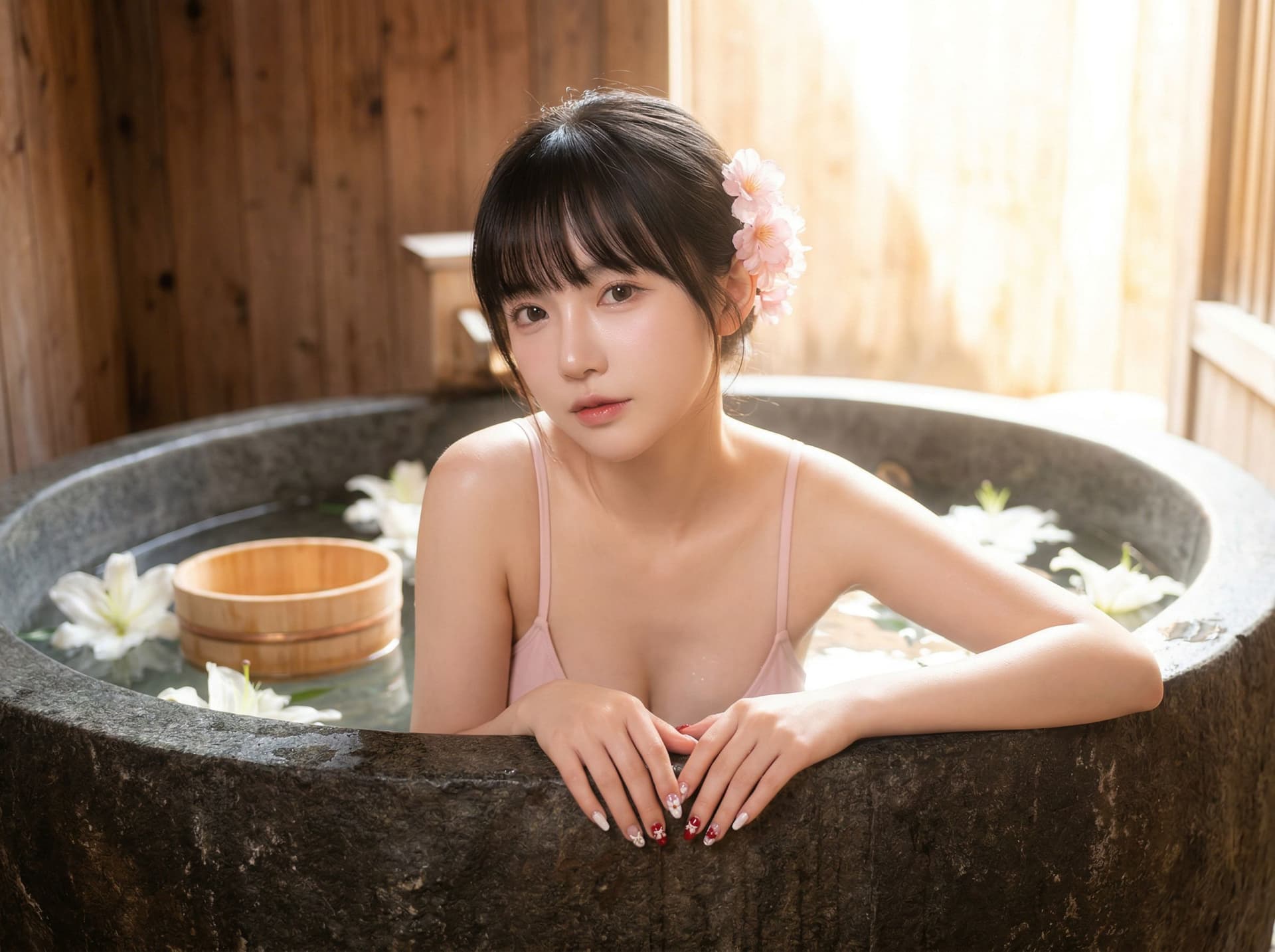 AI generated: A high-quality, photorealistic portrait of a beautiful young Asian woman soaking in a large, dark ru...