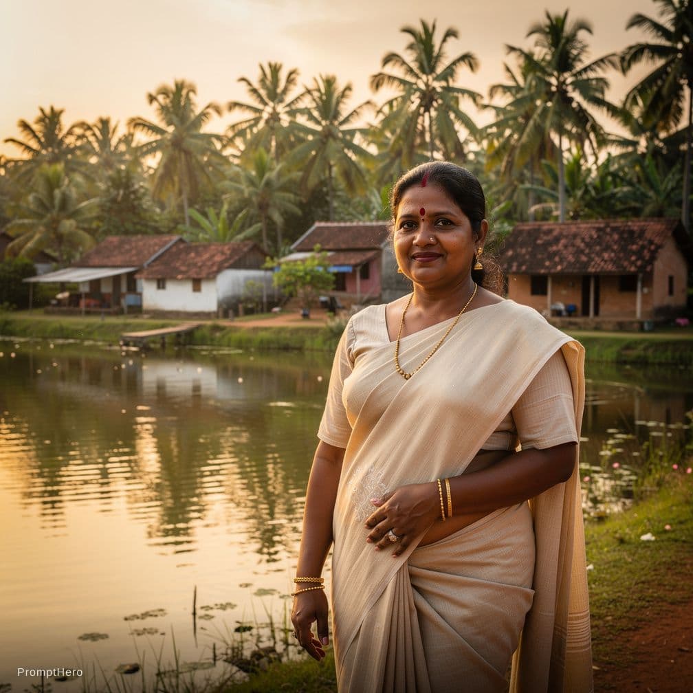 AI generated: Mallu aunty wear bra and panty standing near a pond kerala village 
