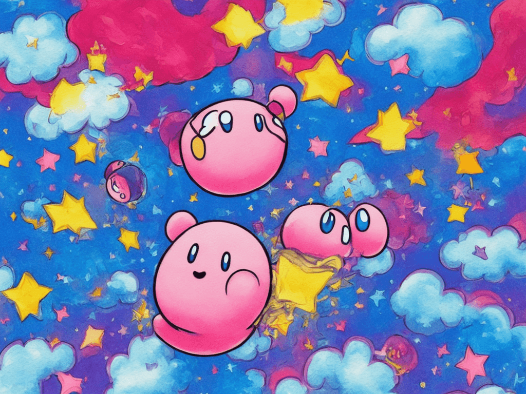 AI generated: A vibrant and playful illustration of Kirby, the iconic Nintendo character, in a dreamy watercolor s...